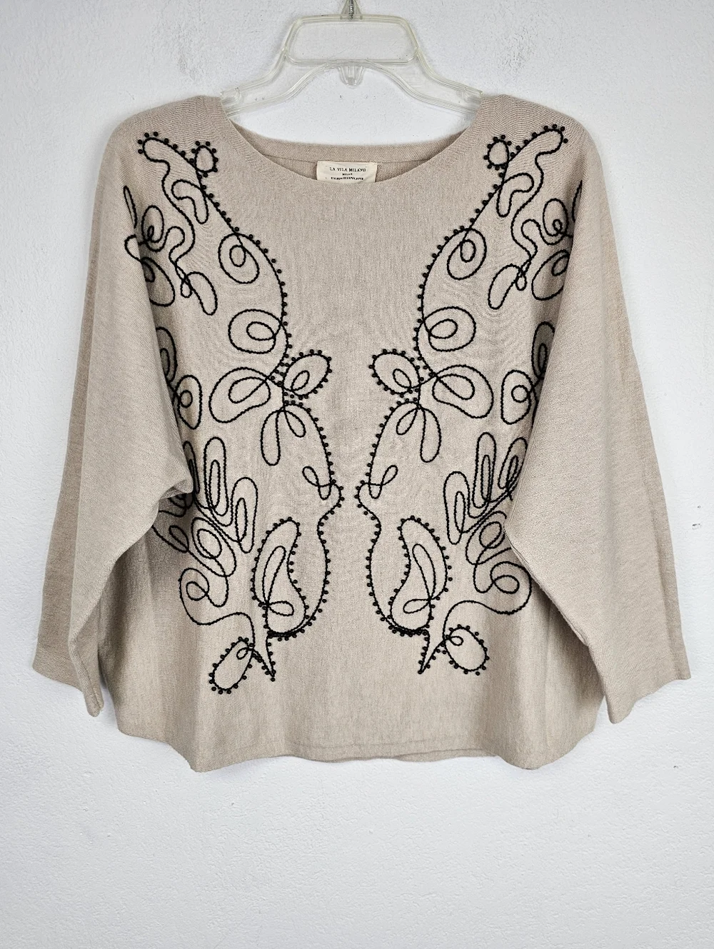 LA VILA MILANO Beige Beaded Embroidered Knit Sweater Sz L Coastal Quiet Luxury - Picture 2 of 10
